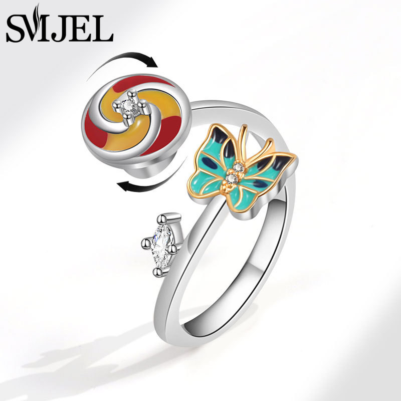 Sunflower Anxiety Ring Fidget Spinner Rings for Women Cute Butterfly Hummingbird Charms Finger Ring Anti Stress Rotate: wine red