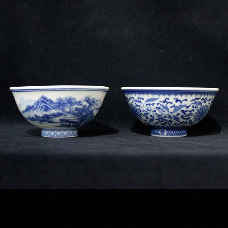 Jingdezhen Porcelain Hand-painted Blue And White Tangled Branch Lotus Landscape Tea Cup Ceramic Tea Bowl: tea bowl x2
