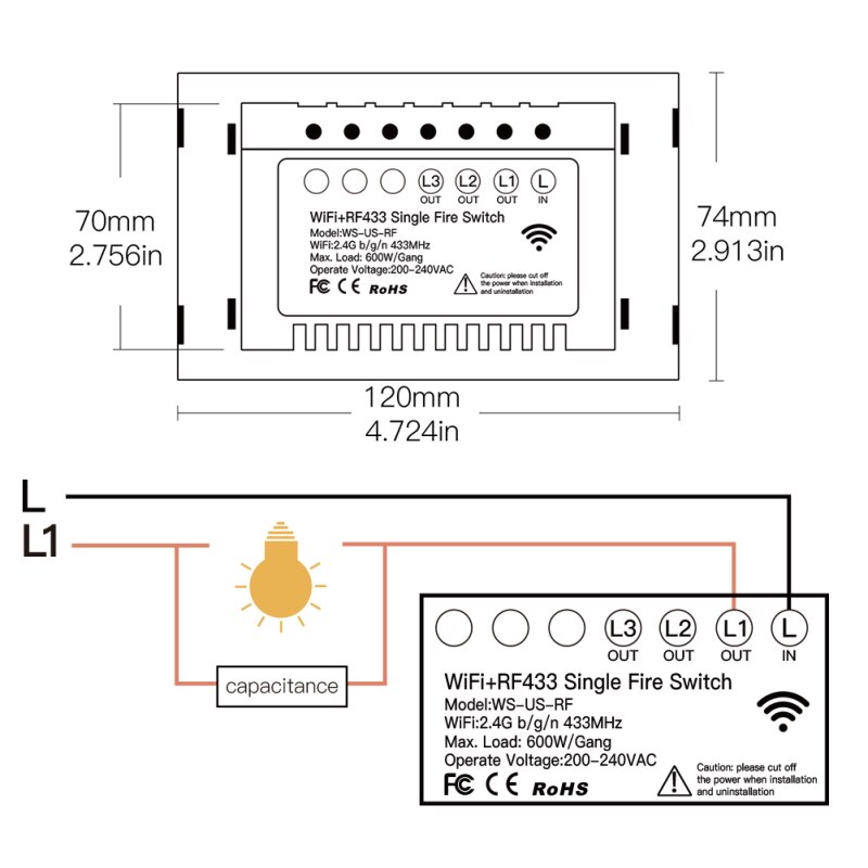 RF433 WiFi Smart Wall Touch Switch No Neutral Wire Needed Smart Single Wire Wall Switch Work With Alexa Google Home US Plug
