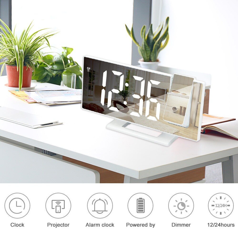 Reloj Digital de despertador con efecto espejo y luz LED para mesilla de noche y dormitorio, Despertador con USB, Radio FM, proyector de tiempo, reloj para mesilla de noche y dormitorio