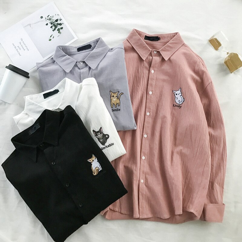 Long Sleeve Shirts Men Casual Japanese Style Shirt Mens Blouse Embroidered Pink Plus Size Students Clothes Aesthetic Blouses