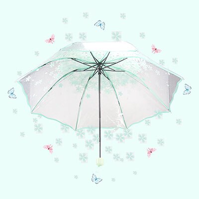 Guarda-chuva feminino apollo flor de cerejeira transparente tri-fold guarda-chuva dobrável feminino coreano japonês flor de cerejeira guarda-chuva feminino: green