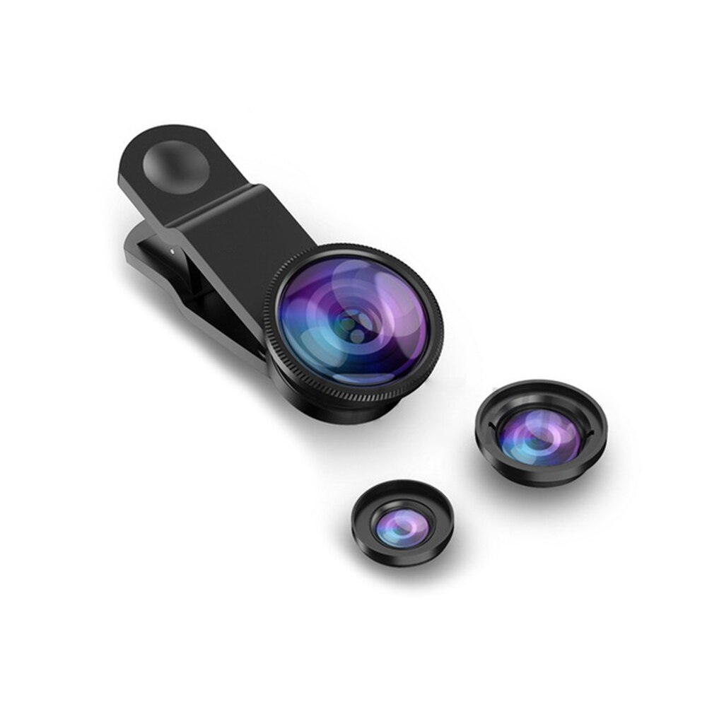 Universal 3 in1 Wide Angle Macro Fish Eye Lens Camera Mobile Phone Lenses For iPhone 6 6s 7 8 Plus For Samsung Note 8 9 S9 Plus: Black