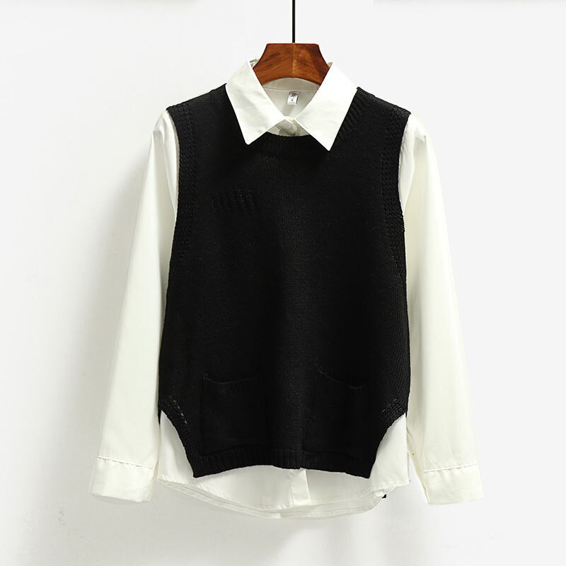 Solid ydre slid rund hals strik vest korte kvinder efterår og vinter koreansk ærmeløs vest sweater: Sort