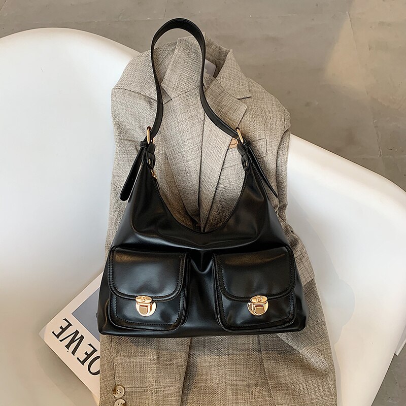 Bolso pequeño Hobo de piel negra para mujer, bandolera de hombro con múltiples bolsillos, Color puro, de de , populares,: Black