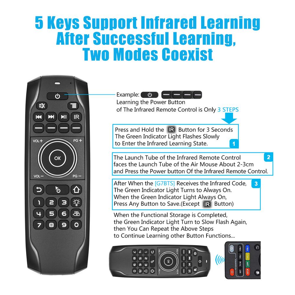 Bluetooth 5,0 Mini Tastatur G7BTS Gyroskop hinterleuchtet IR Lernen Luft Maus Drahtlose Fernbedienung Für Clever TV Kasten Laptop Tablette