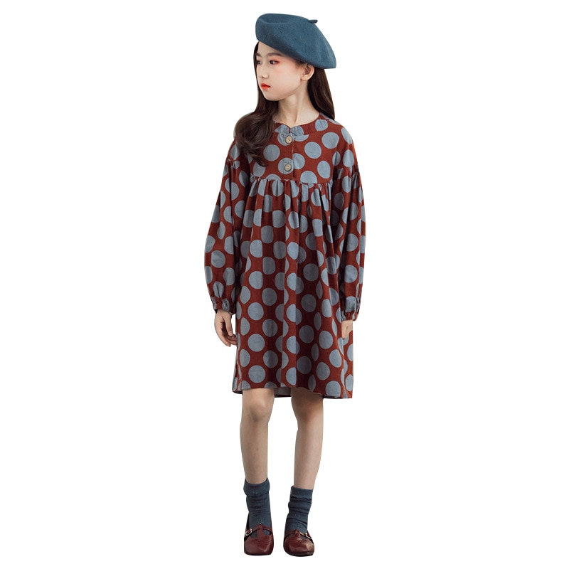 Teen Girls Polka Dot Princess Dress Autumn Korean Children Clothes Kids Girls Casual Dresses Cotton Dress, #9128
