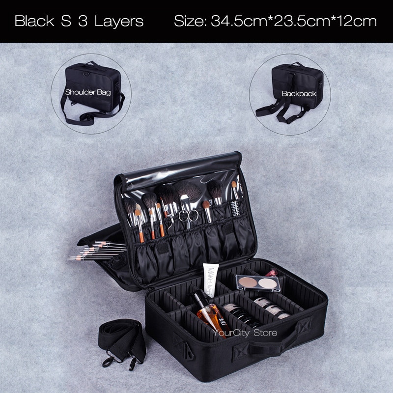 Neceser de para mujer, organizador de maquillaje de viaje, caja de maquillaje , bolsa de cosméticos, bolsas, estuche de belleza para artista de maquillaje: Black S 3 Layers