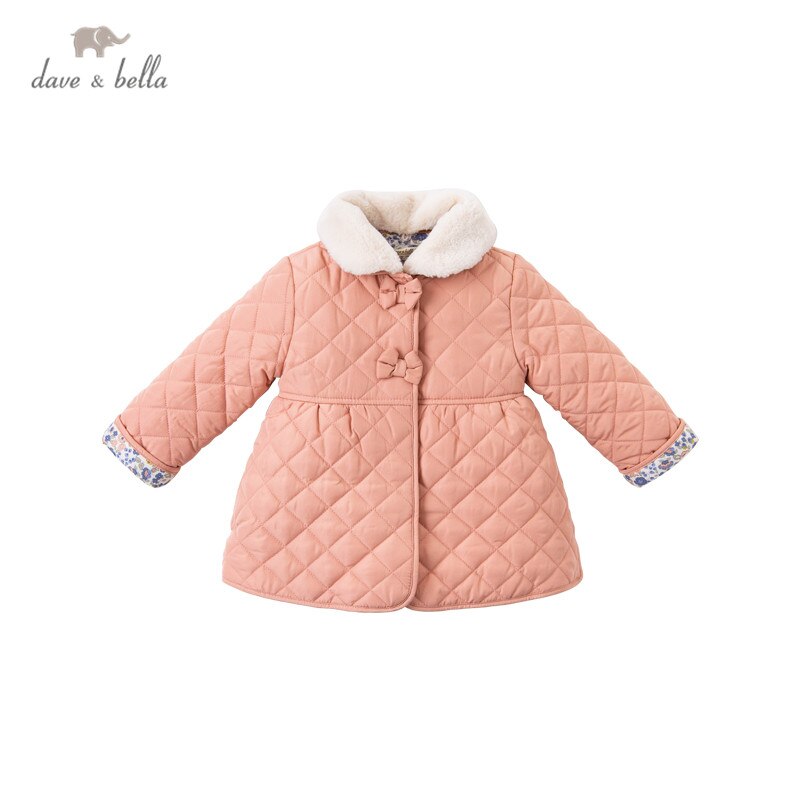 DBM14796-1 dave bella winter baby girls bow plaid pockets fur padded coat children tops infant toddler outerwear