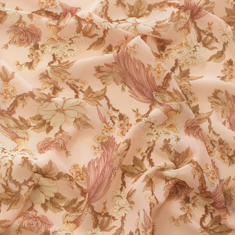 High viscose chiffon fabric spring/summer printed fabric apricot base with birdsong and floral softness