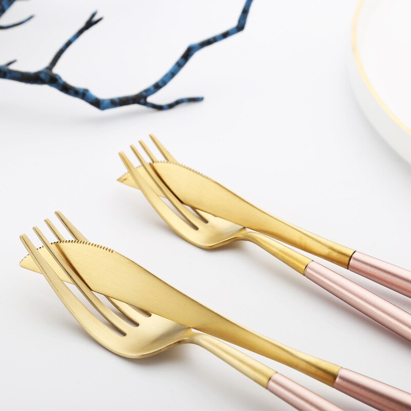 Scandinavische stijl roze goud roestvrij staal western steakmes fruit vork koffielepel eetstokjes thuis diner servies