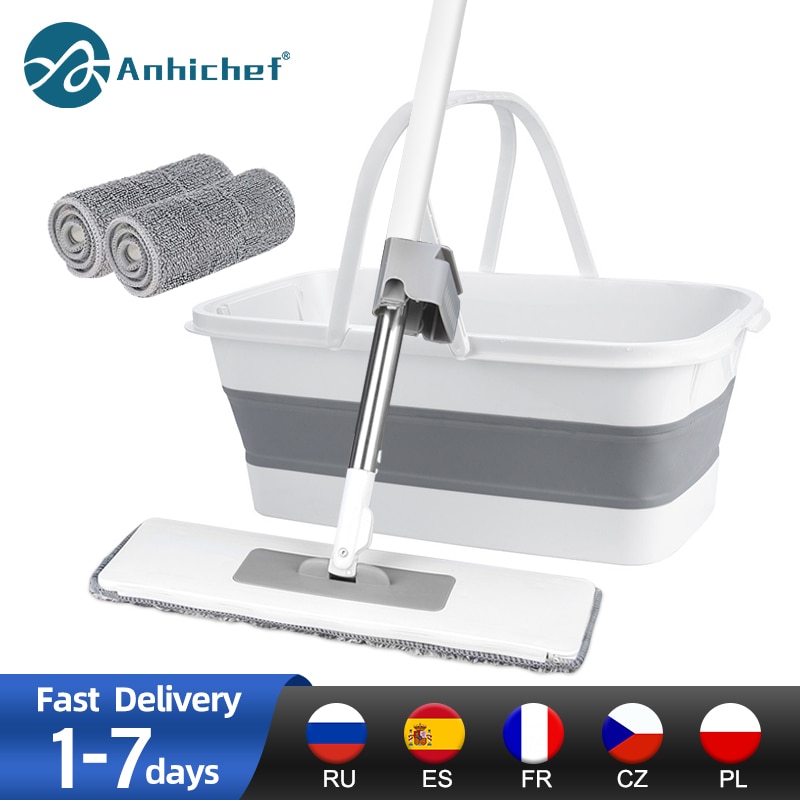 Fregona plana con cubo plegable, accesorio manos libres, almohadilla de repuesto de microfibra, giratoria automática, limpieza del hogar