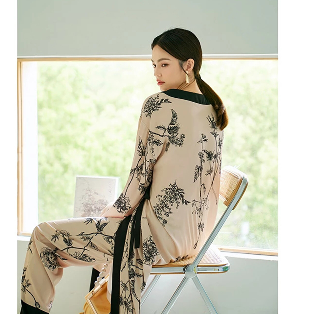Pyjama en Satin de soie pour femmes, ensemble 2 pièces, imprimé chinois, Kimono, vêtements de nuit pour femmes, vêtements de détente, manches longues, chemise de nuit