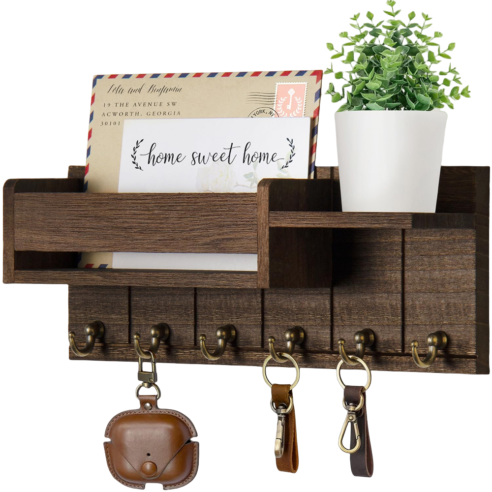 Rustic Decor Wood Wall Shelf with Mail & Key Hooks 6Hook Organizer Suitable for Living Room or Home Entryway: green