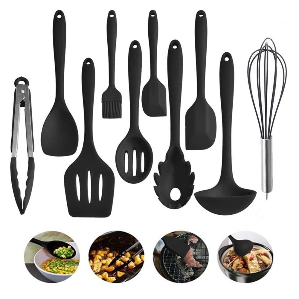 10-Piece Set Of Silicone Kitchen Utensils, Black Non-Stick Cooking Tools And Kitchen Accessories Utensils For Kitchen