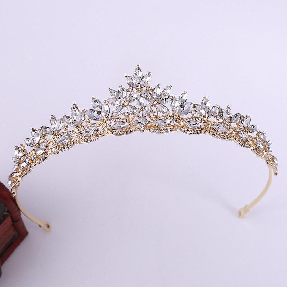 Mode Eenvoudige Crystal Leaf Bridal Tiara Kroon Prinses Queen Rhinestone Pageant Diadeem Bruiloft Haaraccessoires Tiara De Noiva: Gold White