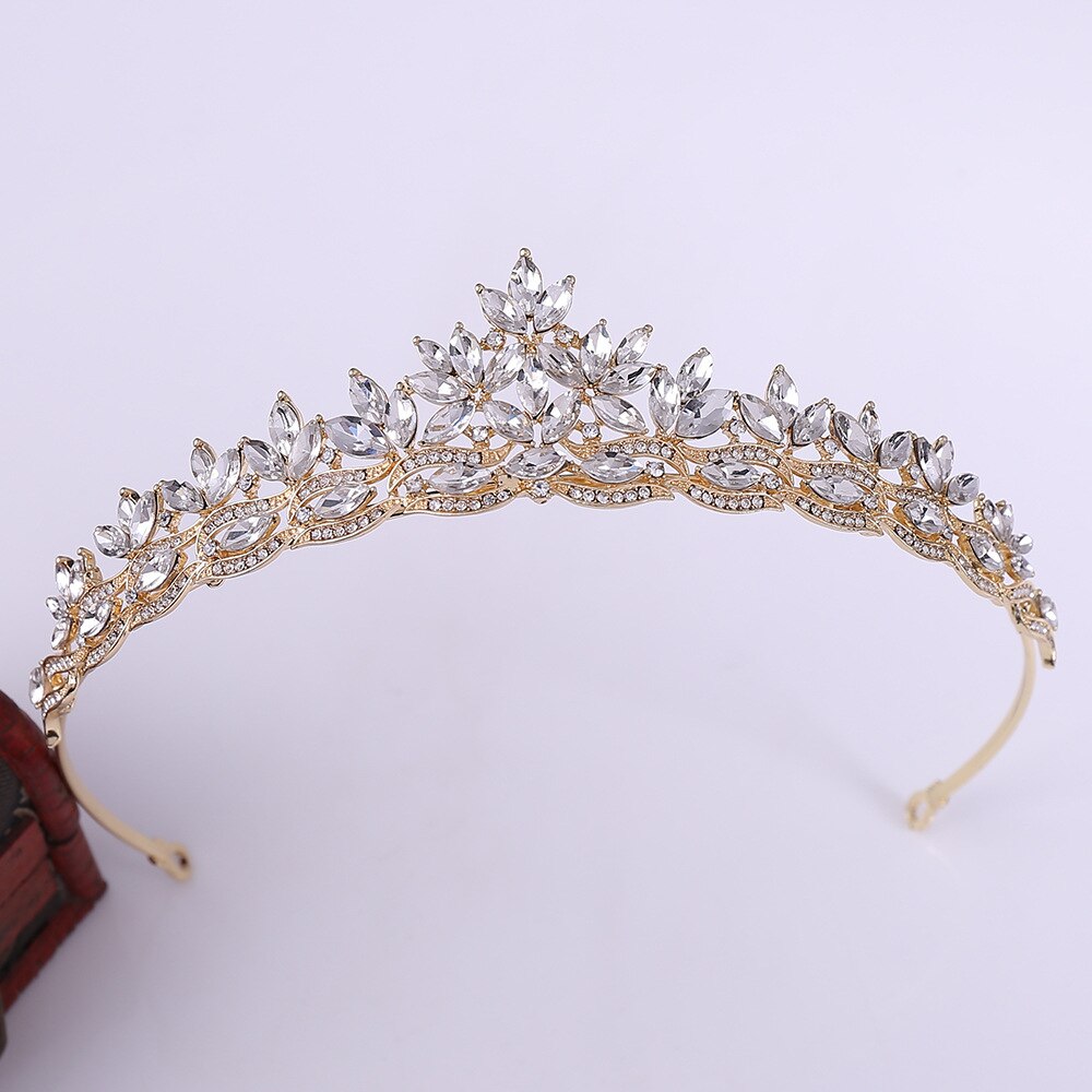 Simple Crystal Leaf Bridal Tiaras Crown Princess Queen Rhinestone Pageant Diadem Wedding Hair Accessories Tiara de Noiva: Gold White