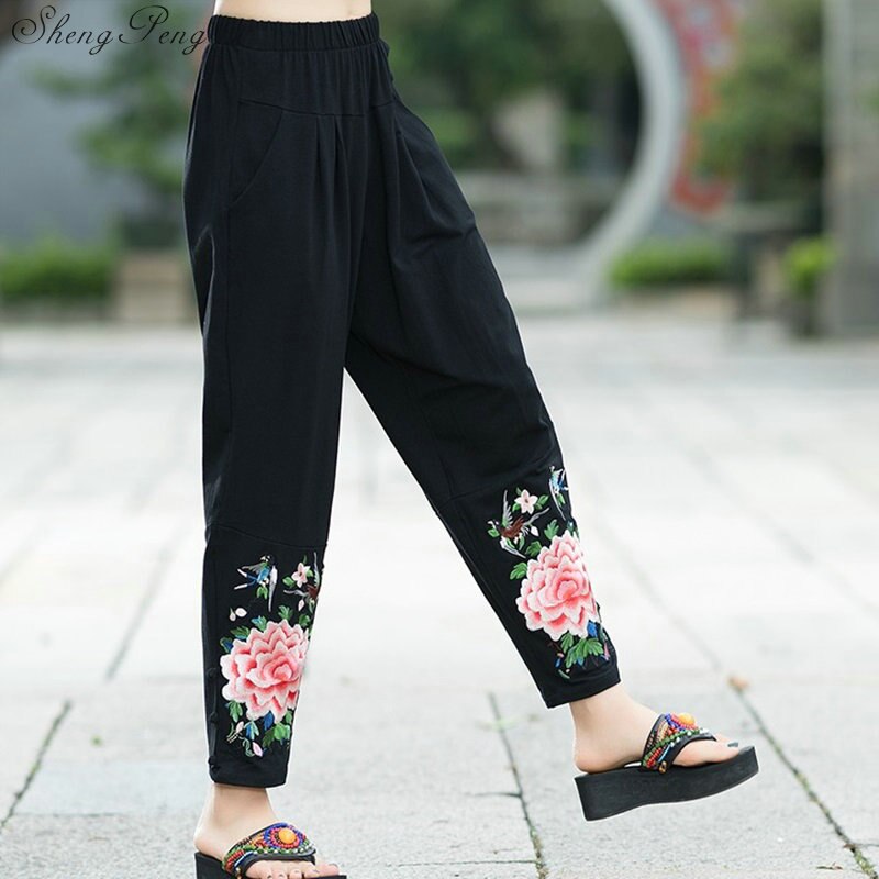 Printemps lâche grande taille brodé loisirs pantalon femme large jambe femmes pantalon décontracté chinois Harlan pantalon V1357