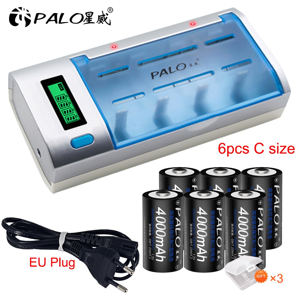 PALO R14 C pile C taille batterie rechargeable 1.2V 4000mAh NI-MH + intelligent de charge rapide chargeur LCD pour AA AAA C D 9V: 6pcs 1charger-EU