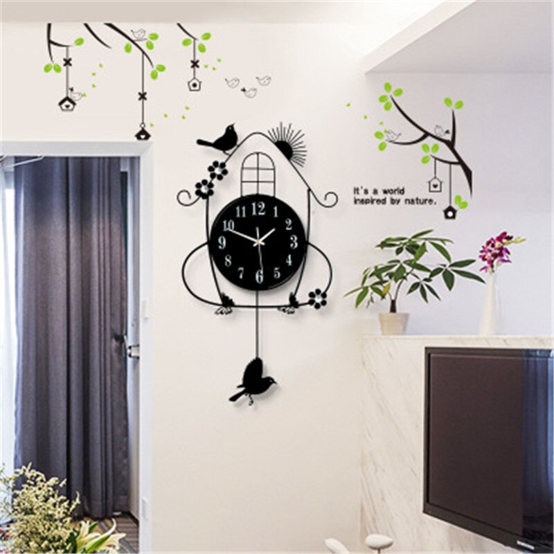 Pendulum Light in the Dark Wall Clock Modern Living Room Luminous Bird Metal 3D DIY Stickers Pared Con Pendulo Home Decor: Stickers black003