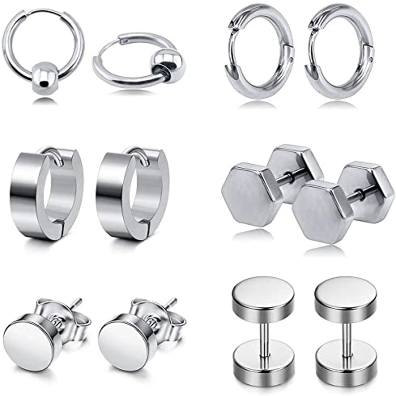 6 Pairs Stainless Steel Black Stud Earrings for Men And Women Huggie Hoop Earrings Set Cartilage Ear Body Piercing