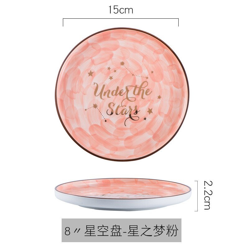 Assiettes de service ciel étoilé série étoiles, plateau de vaisselle en céramique pour Steak Spaghetti plateau rond peu profond, vaisselle de fête: 8 inch pink