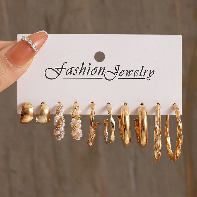 Silver Color Pearl Twist Hoop Earrings Set For Women Jewelry pendientes Vintage Circle Geometric Dangle Earrings Trendy: Imitation Rhodium Plated