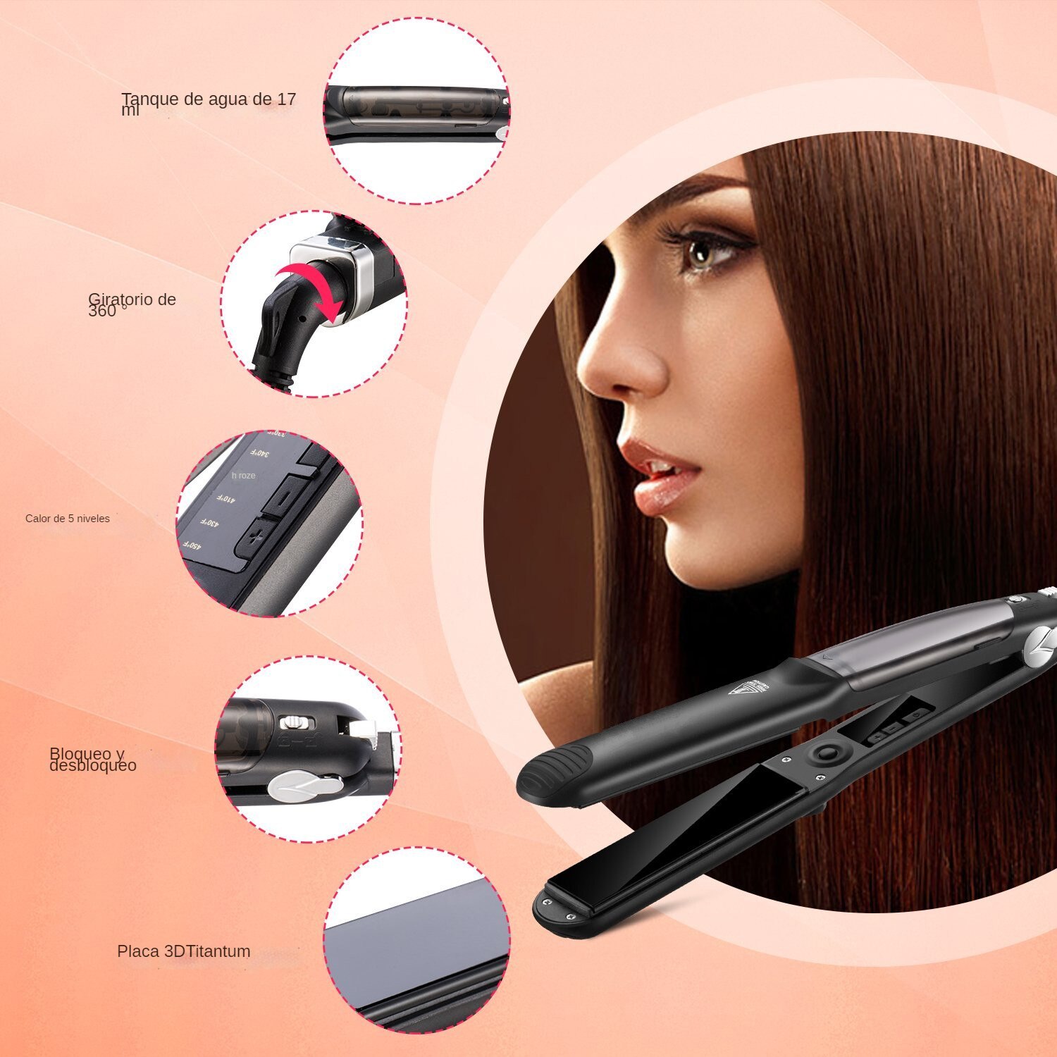 Plancha de pelo a vapor para peinar el cabello, alisador de pelo con placas anchas de cerámica, plancha alisadora y rizadora, herramienta de peinado por vapor plancha de pelo vapor planchas para el cabello