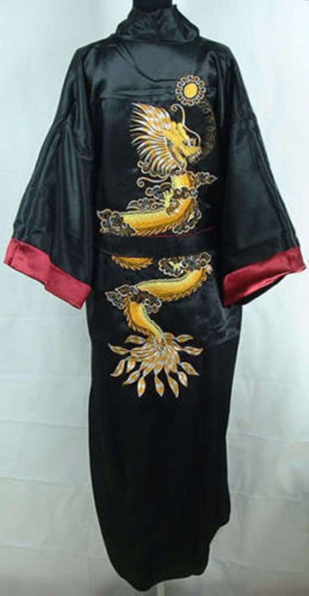 Sort broderi med dobbeltside drage mandlig lang kappe kinesiske mænd silke satin mænds drage kimono kappe kjole reversibel badekåbe: Sort bourgogne