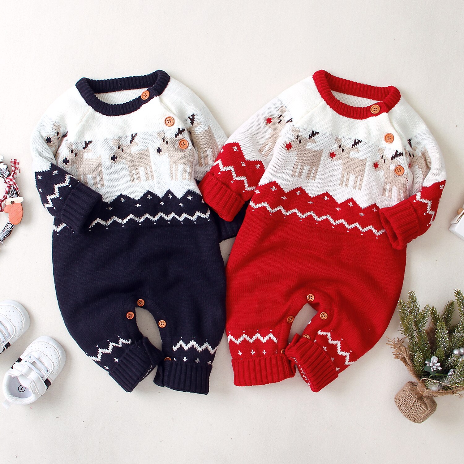 Infant Christmas Romper Babies Long Sleeve Elk Printed Pattern Round Collar Jumpsuit for Boys and Girls Baby Christmas Clothes