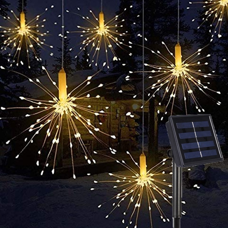 Gør-det-selv udendørs havedekoration led fyrværkeri eksplosion jule fe lys med solenergi hængende starburst led snor guirlande