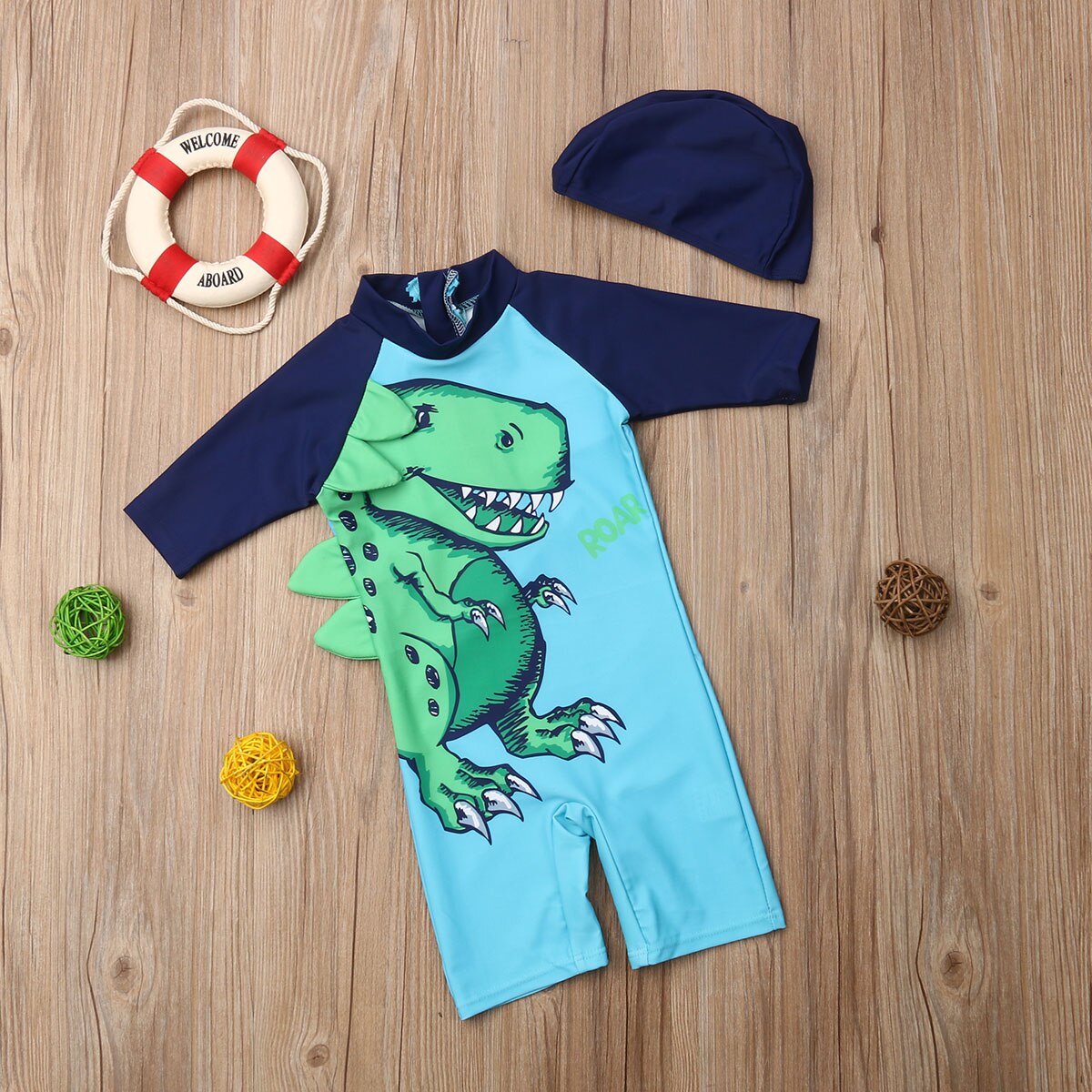 1-6Y Baby Boys Cute Cartoon Dinosaur Printed Swimsuit with Hat Kids Children Summer Beach Casual Swimwear Beachwear Bathing Suit