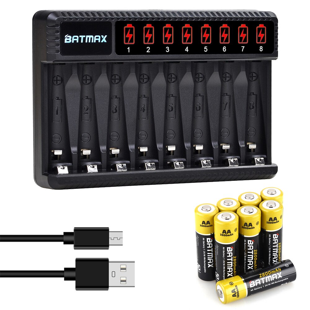 1.2v nimh aa batteri aa aaa oppladbart batteri  + 8- spor lader til lommelykter, fjernkontroller, lekebatteri: 8 stk aa sett