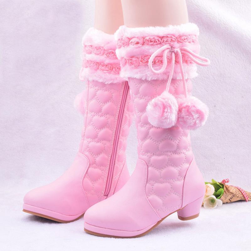 Roze Winter Laarzen Meisjes Hoge hakken kinderen Leer Snowboots Bloemen Prinses Pluche Warm Kids Party Laarzen: 10