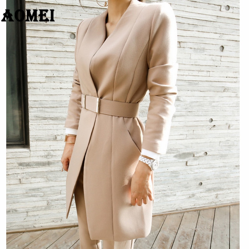 Suit Women Classy Blazer Dress Workwear Office with Waist Belt V Neck Ladies Long Blaser Fall Winter Tops with Pants