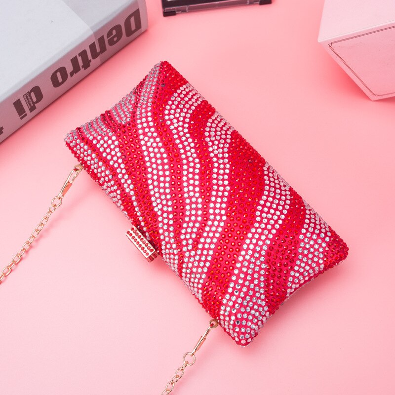 women bling diamond evening bags patchwork wedding banquet wallets chain purse for ladies MN1648: Red
