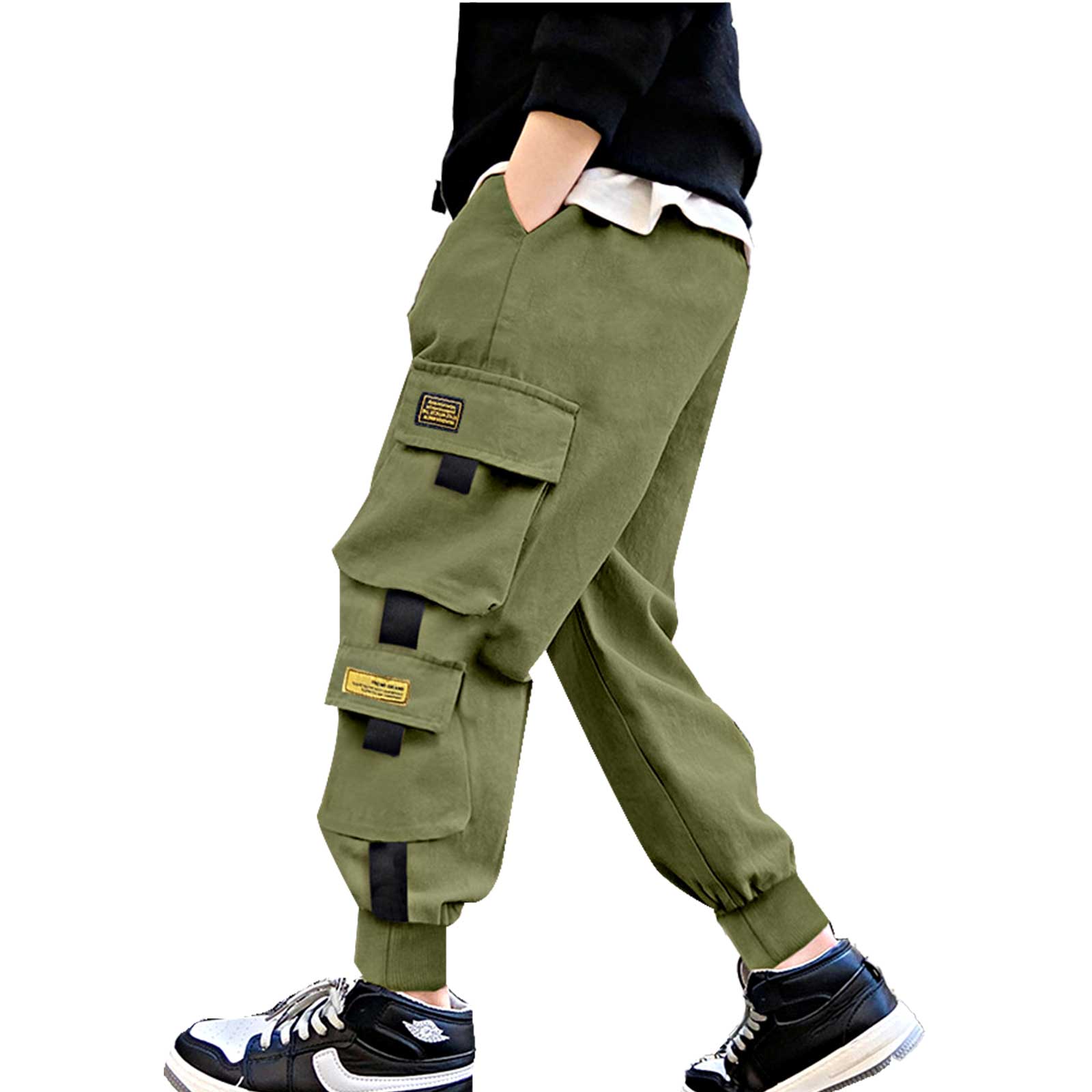 Pantalones Cargo de para niños, ropa de calle negra de chándal, Hip-Hop, con múltiples bolsillos, informal, 6, 8, 10, 12 años