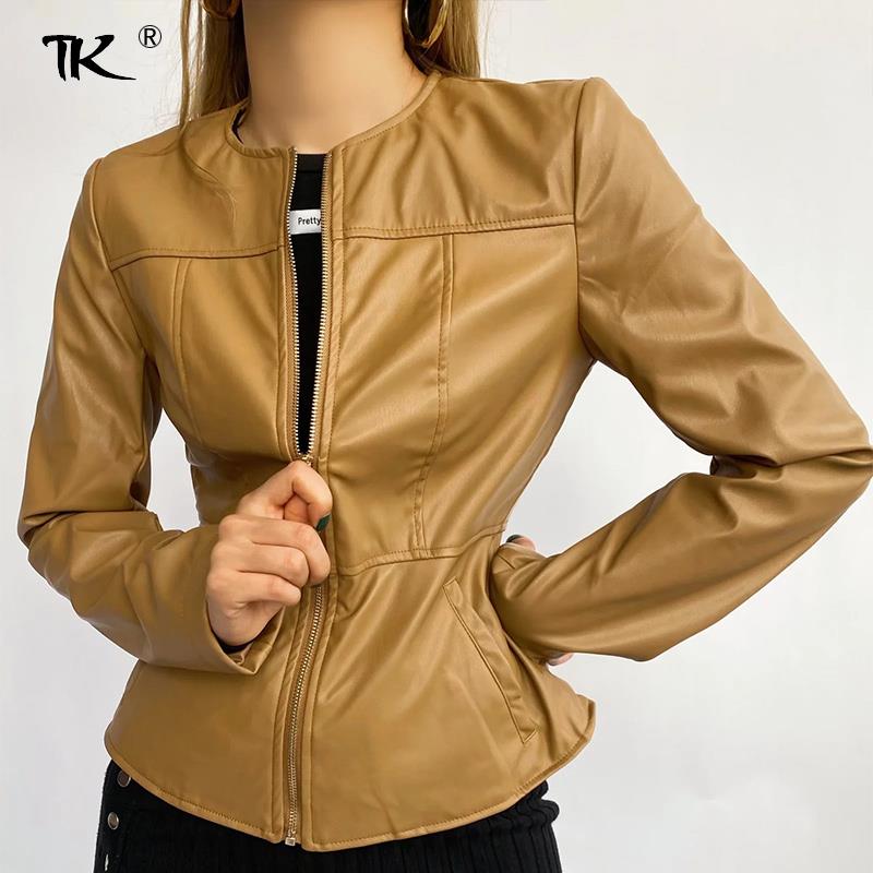 Chaqueta de retales de Pu para mujer, abrigo de manga larga con cuello redondo y cremallera, chaqueta ajustada lisa, informal,