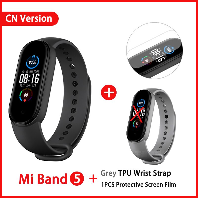 Xiaomi Mi Band 5 Smart Armband 4 Kleur Amoled Screen Miband 5 Smartband Fitness Traker Bluetooth Sport Waterdichte Slimme Band: CN add Grey film
