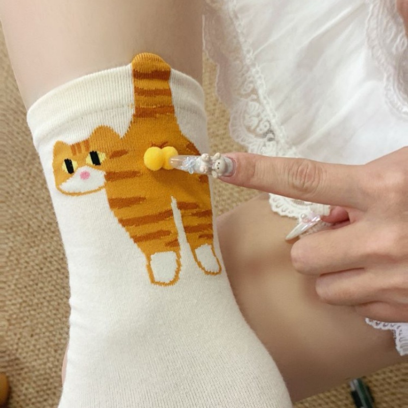 Ins Cat Egg Katoenen Sokken Paar Sokken Kat Ballen Kawaii Hand Breien Sokken Cartoon Gember Kat Tabby Creatief Cadeau