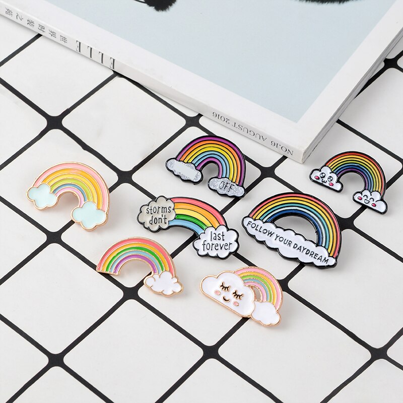 Regenbogen Wolke Emaille Stifte &quot;Folgen Ihre Schild Traum&quot; Broschen Schnalle Abzeichen Dekoration auf Rucksack Kawaii Schmuck für frauen Männer