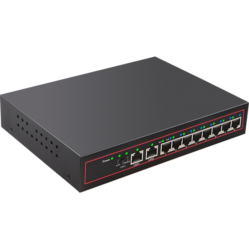 Metal 10/100M 52V standard 10 ports RJ45 Vlan function POE Network lan HUB switch IP camera switcher