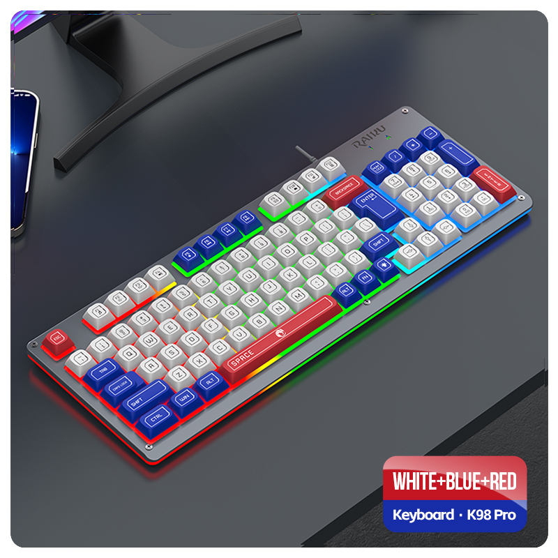 Gaming-Tastatur-Maus-Set im Mecha-Stil, kabelgebunden, Regenbogen-Glühen, Hintergrundbeleuchtung, 98 Tasten, Metallplatte, Laptop-Desktop: Blau