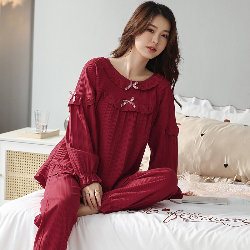 Women O-Neck Lace Pajamas Wedding Festive Red Pajama Sets Sleepwear Long Sleeve Top+Long Pants Pajamas Home Clothing Pyjamas 3XL