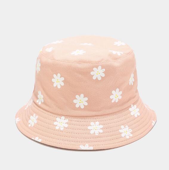 Koreansk stil dobbeltsidet bomuld blomsterprint spand hat fisker hat udendørs rejse hat sol cap hatte til mænd og kvinder: Lyserød