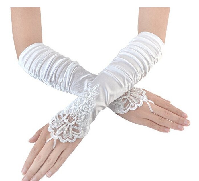 Longue robe de mariée en Satin noir, gants plissés avec perles brodées, dentelle sans doigts: WHITE