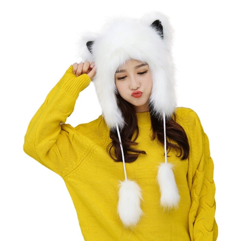 Women Winter Fluffy Furry Trapper Hat Cute Cat Ears Fuzzy Plush Animal Earflap Cap Windproof Thermal Earmuff Warmer