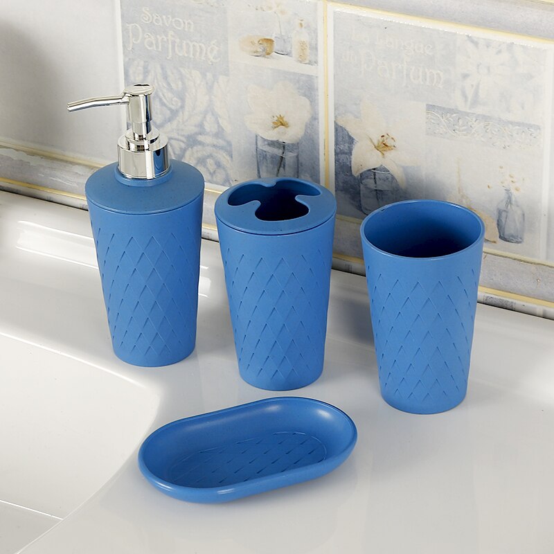Juego de soporte para cepillo de dientes de paja de trigo Set de accesorios de baño, vaso, jabonera, dispensador de jabón, 4 unidades: Azul