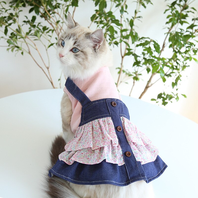 Vestido de verano para gato, vestido de princesa Floral con tirantes de tela vaquera, de una pieza para gato, ropa para mascotas