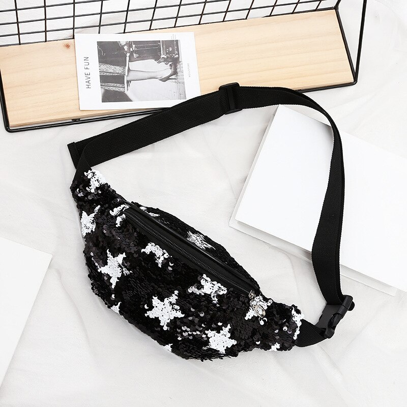 Riñonera de piel sintética con lentejuelas brillantes para mujer, bolso de pecho resistente al agua, Unisex: black